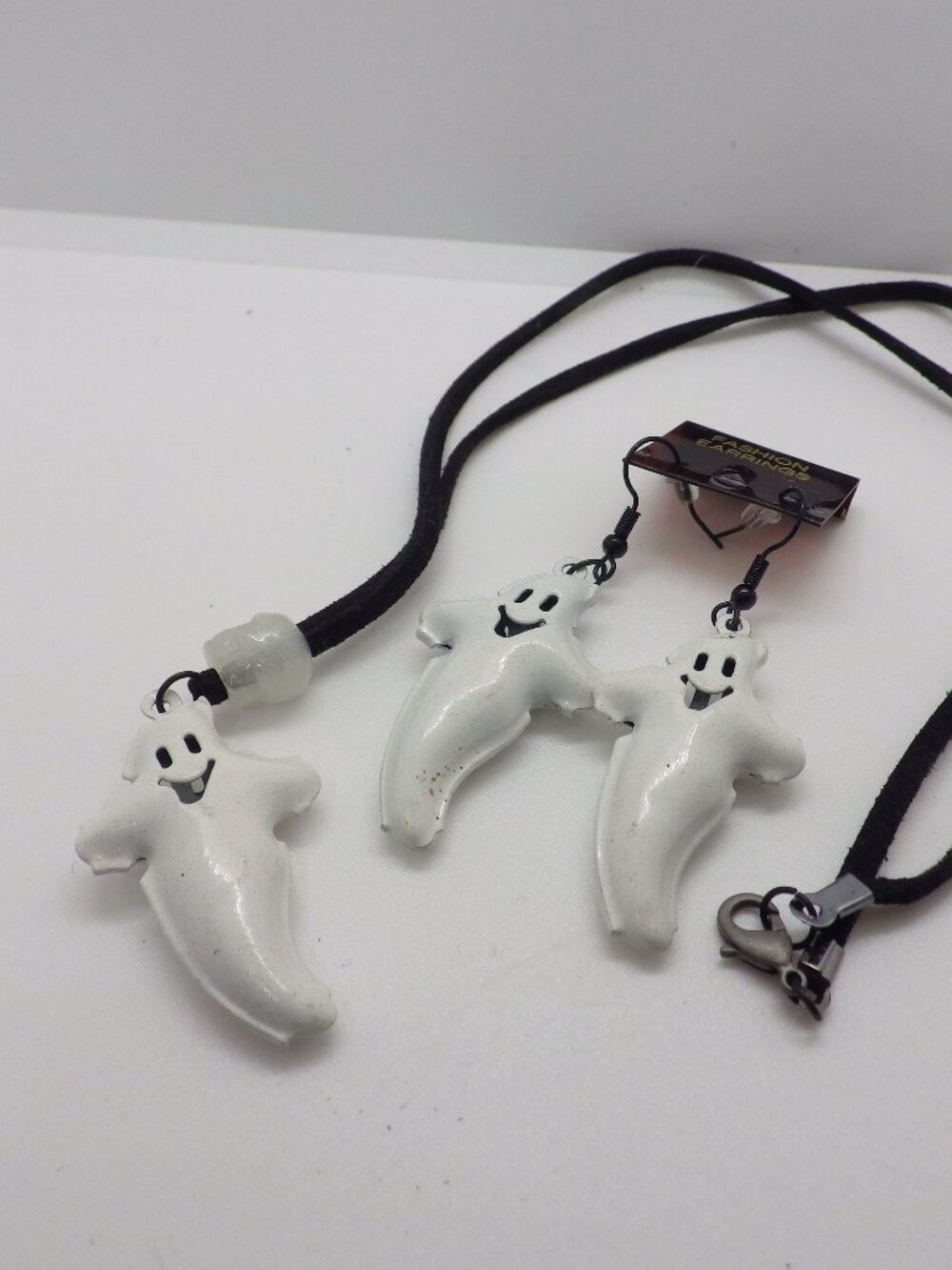 Halloween Puffy Ghost Necklace & Earrings on Leather Cord 902G1